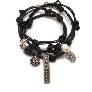 Black Leather Wrap Bracelet With Harmony..