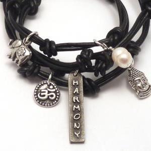 Black Leather Wrap Bracelet With Harmony..