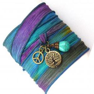 Silk Wrap Bracelet With Tree Of Life, Peace Sign,..