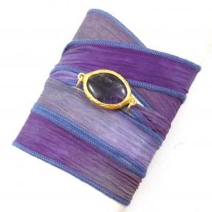 Hand Dyed Silk Wrap Bracelet With Amethyst..