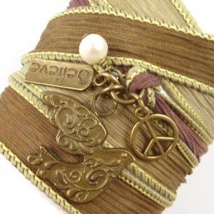 Silk Wrap Bracelet With Dove, Peace Sign, Believe..