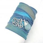 Silk Wrap Bracelet with Lotus Flower, Peace Sign, and Amazonite,