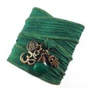 Om Silk Wrap Bracelet with Hamsa and Emerald Jade