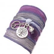 Silk Wrap Bracelet with Tree of Life, Peace Sign, and Amethyst