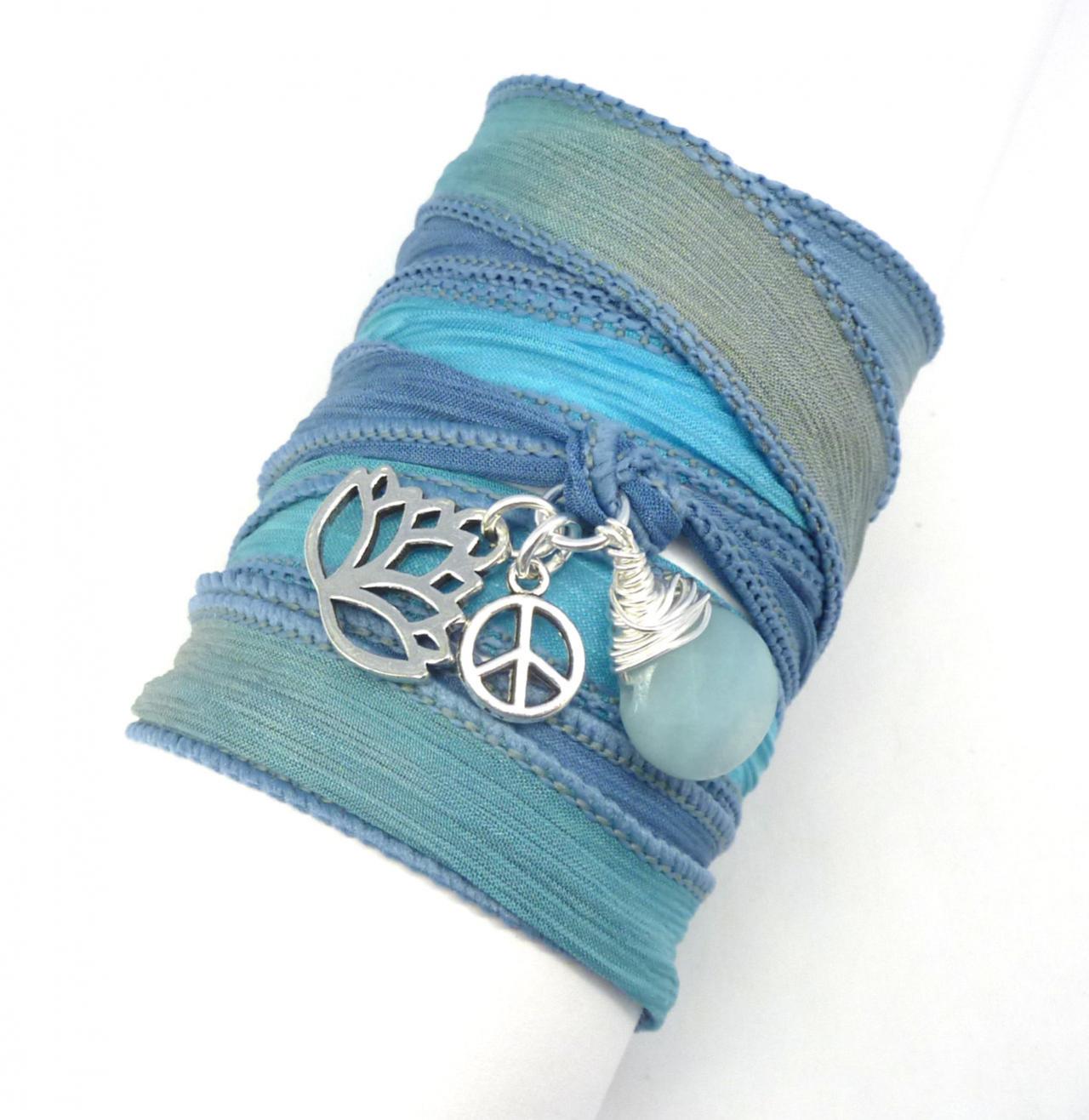 Silk Wrap Bracelet With Lotus Flower, Peace Sign, And Amazonite,