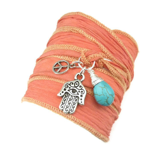 Celebrity Silk Ribbon Bracelet With Hamsa, Peace Sign, And Turquoise, Yoga Jewelry, Wrapped Wrapping Bracelet, Wrap Around,wrist Wrap