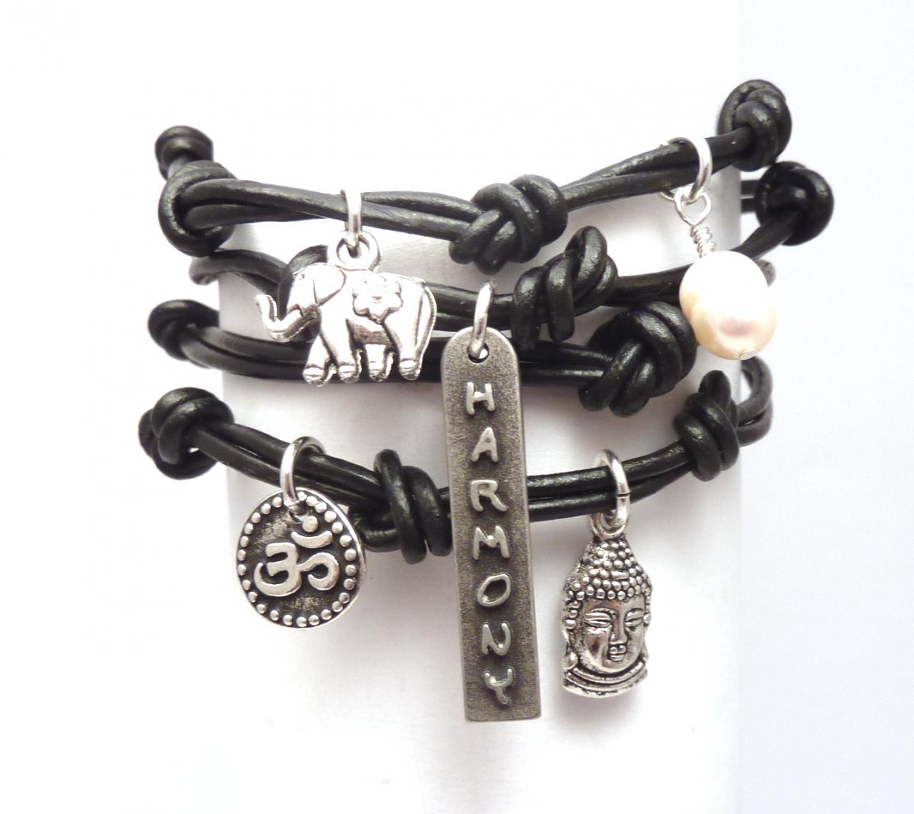 Black Leather Wrap Bracelet With Harmony Charm,yoga Jewelry,wrapped, Wrapping, Wrap Around,wrist Wrap