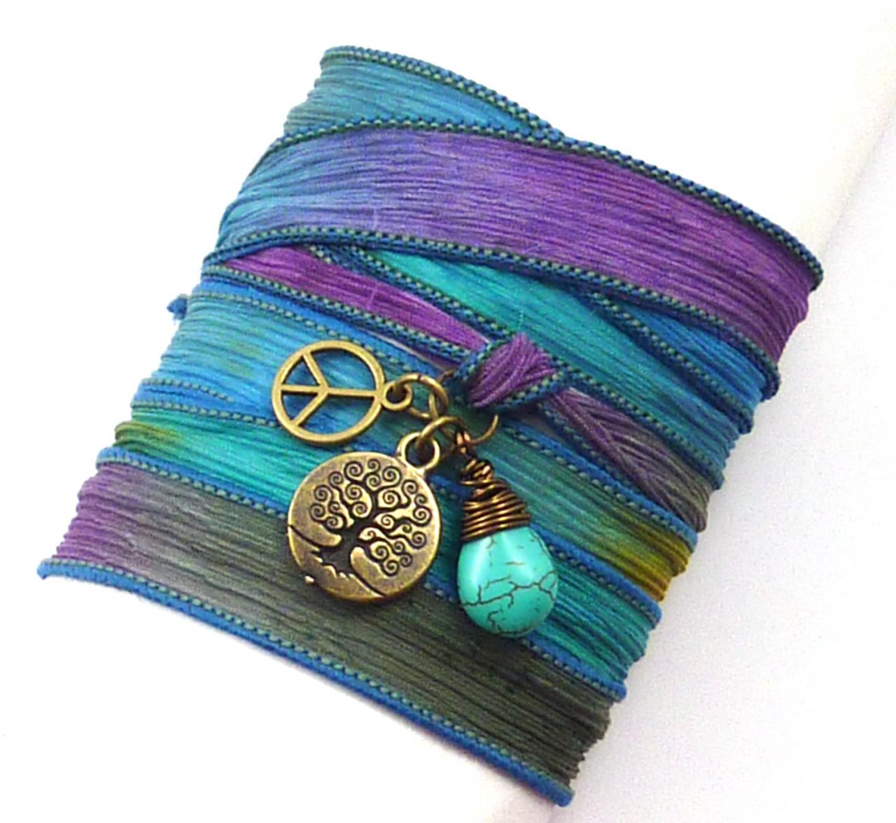 Silk Wrap Bracelet With Tree Of Life, Peace Sign, And Turquoise, Yoga Jewelry, Wrap Bracelet, Silk Ribbon Wrap Bracelet