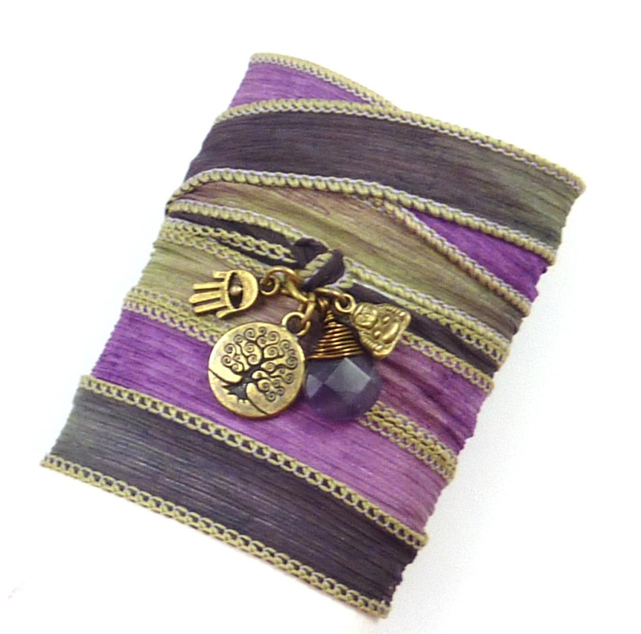 Silk Wrap Bracelet With Tree Of Life, Hamsa, Buddha, And Amethyst, Yoga Jewelry, Silk Ribbon Bracelet, Yoga Bracelet, Silk Ribbon Wrap
