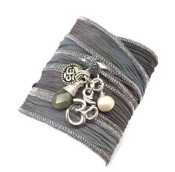 Hand Painted Silk Ribbon Bracelet With Om Charms,pearl, And Labradorite