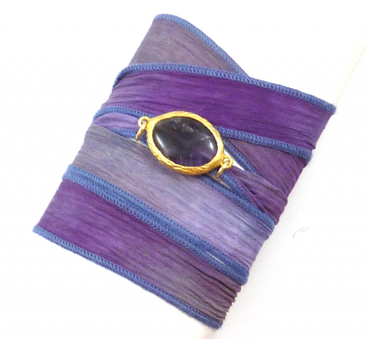 Hand Dyed Silk Wrap Bracelet With Amethyst Connector, Yoga Jewelry, Wrap Bracelet, Silk Ribbon Bracelet