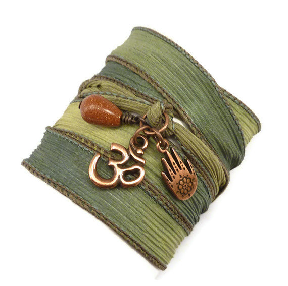 Silk Ribbon Wrap Bracelet With Copper Om And Hamsa,bohemian Jewelry,yoga Jewelry